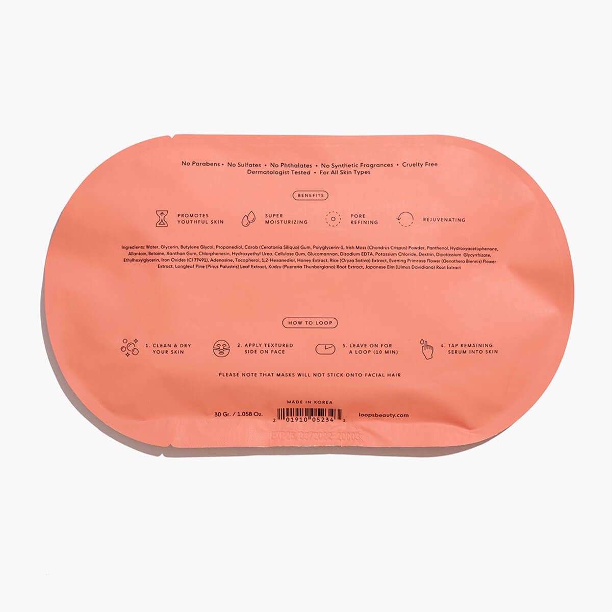 A peachy-pink Loops Beauty sheet mask packaging displaying text that highlights "Made in Korea" and benefits like "Super Moisturizing" and "Pore Refining" against a plain white background