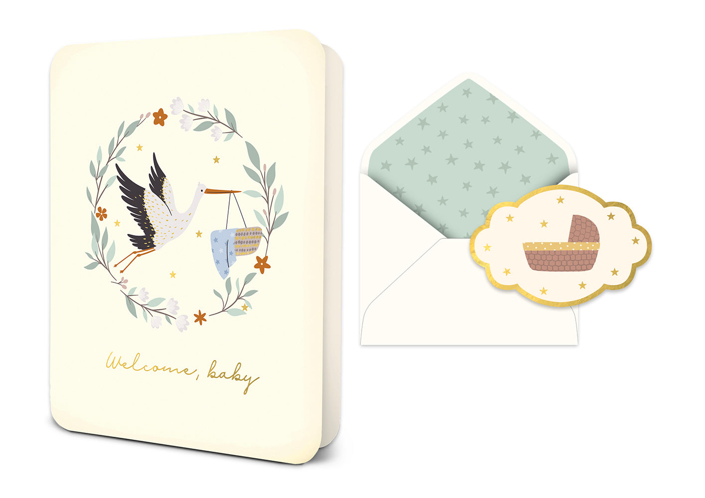Welcome baby greeting card with stork illustration and matching envelope with star pattern
