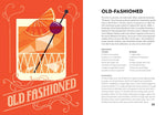 Illustration of a vibrant Old-Fashioned cocktail featuring stylized geometric orange ice, an orange slice, and a deep purple amarena cherry on a black pick, presented on an ornate orange background with a vintage "Old Fashioned" title