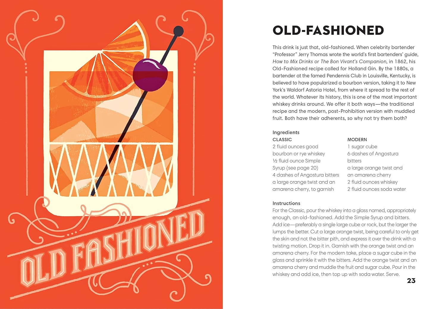 Illustration of a vibrant Old-Fashioned cocktail featuring stylized geometric orange ice, an orange slice, and a deep purple amarena cherry on a black pick, presented on an ornate orange background with a vintage "Old Fashioned" title