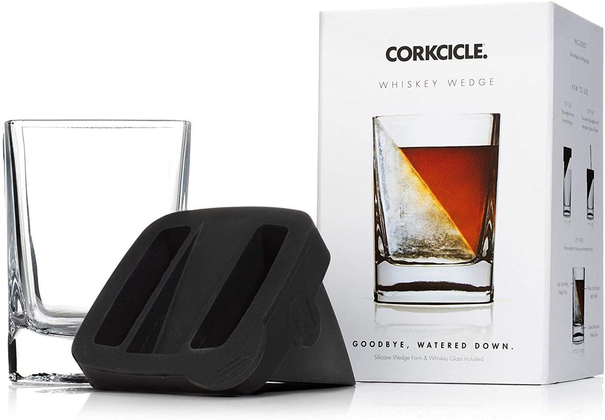 Corkcicle whiskey wedge glass and black silicone ice mold with product packaging