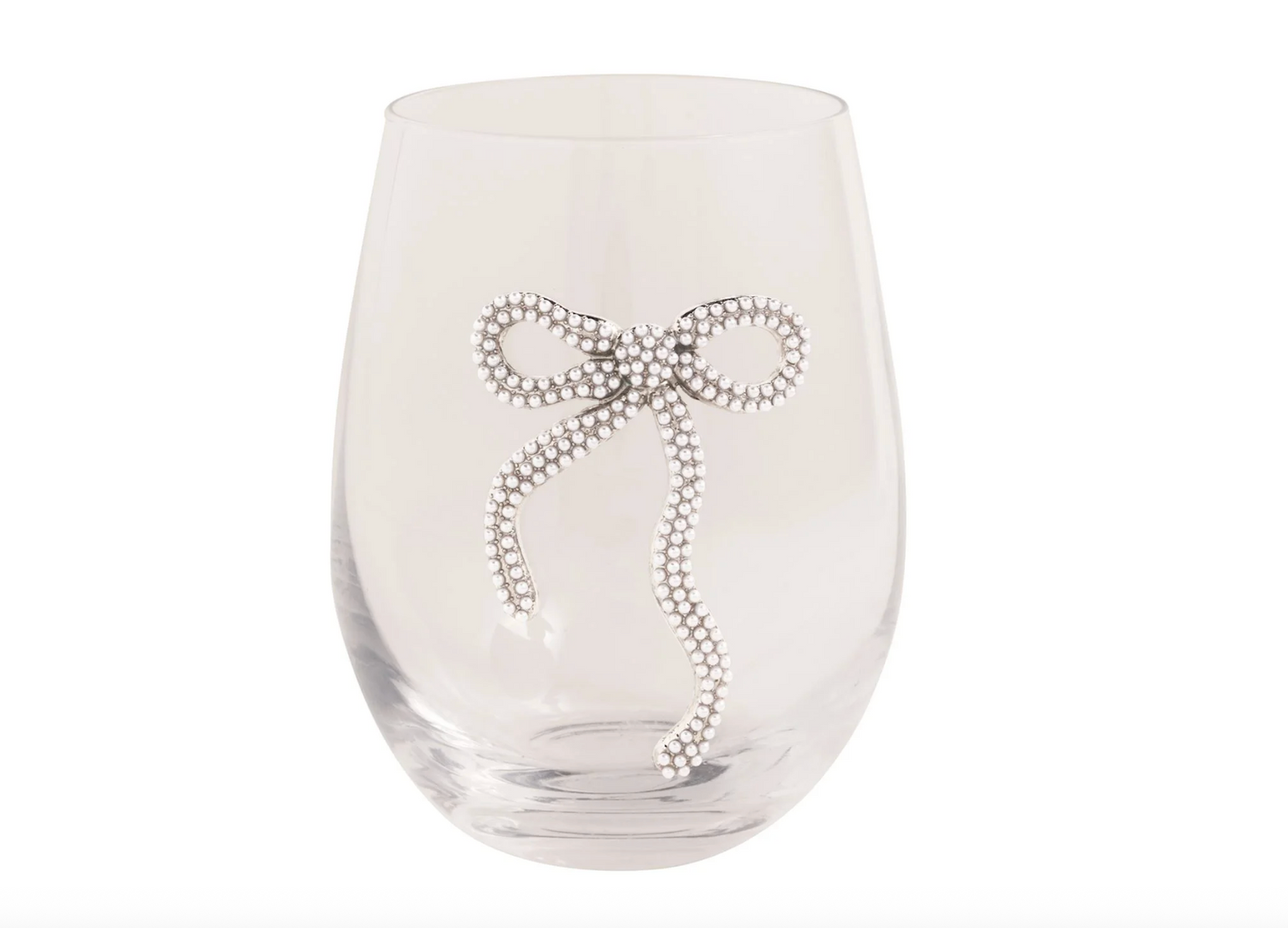 Clear stemless wine glass with a decorative pearl bow embellishment