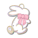 Digital illustration by DK designs of a whimsical Easter bunny cutout outlined in pastel rainbow colors featuring a pink bow a swirled tail and a beaded hanger