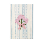 Embroidered fabric featuring textured pink floral blossoms with a green stem and a pink velvet bow on a white background with thin blue stripes