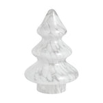 Blown glass decorative Christmas tree sculpture featuring a unique white and clear speckled pattern and a stylized tiered shape