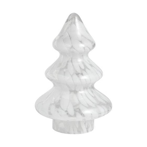 Blown glass decorative Christmas tree sculpture featuring a unique white and clear speckled pattern and a stylized tiered shape