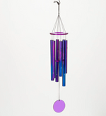 Metal wind chime with six iridescent purple to blue gradient tubes speckled with white stars, suspended from a purple circular top disk with a matching purple circular clapper against a white background