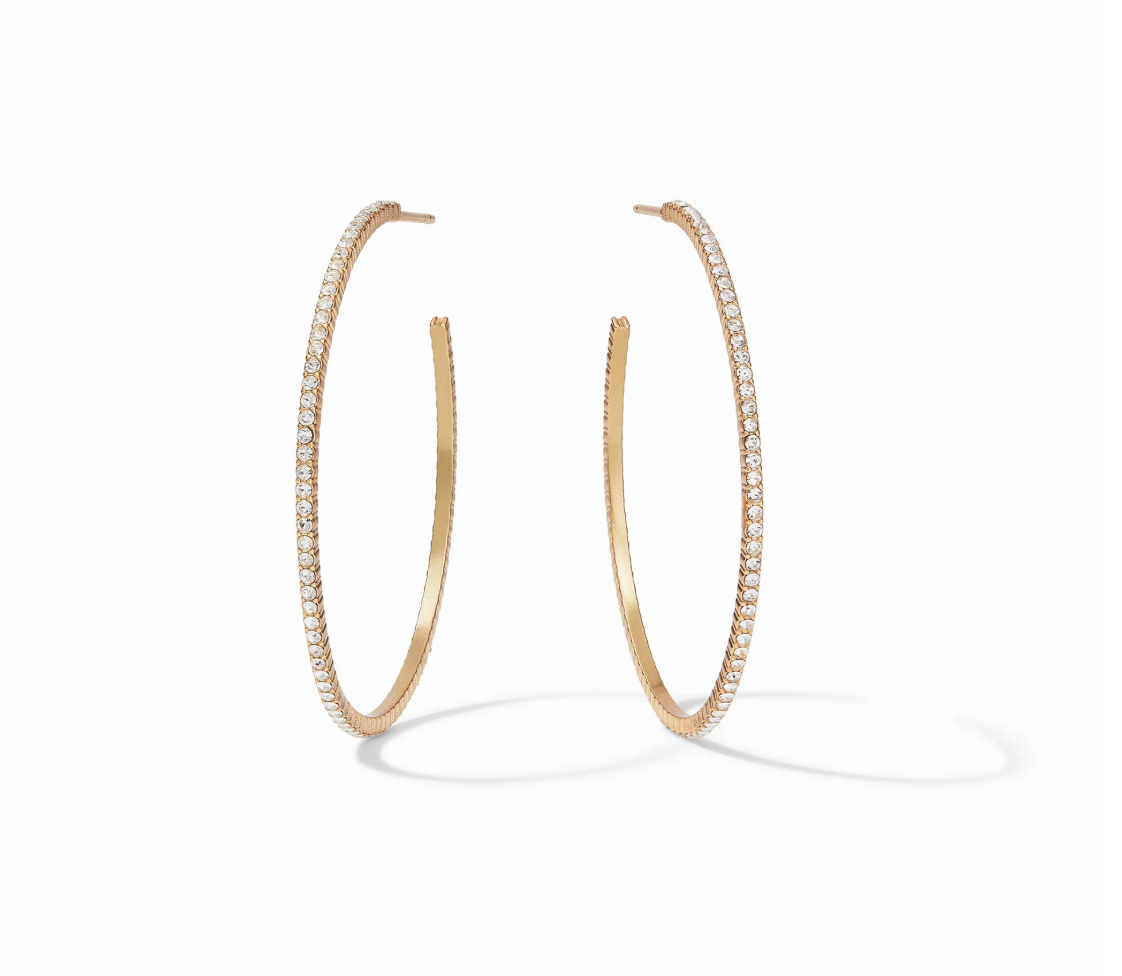 Gold hoop earrings with pavé set white stones