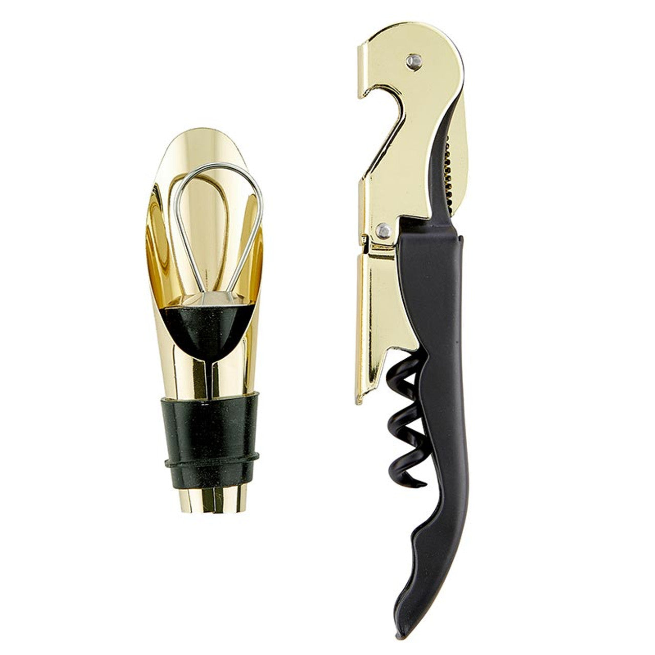 Product photography of a gold and black wine pourer with a rubber stopper and a gold and black waiter's corkscrew featuring a foil cutter and spiral on a white studio background