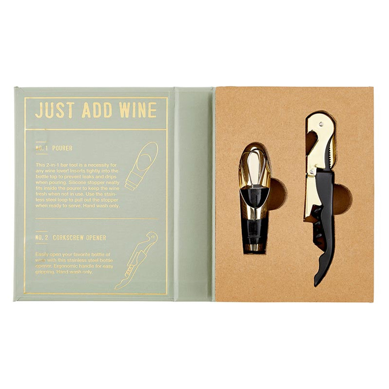 Wine accessory gift set featuring a gold and black wine pourer and corkscrew opener displayed in an open light green gift box with "JUST ADD WINE" text and instructional diagrams