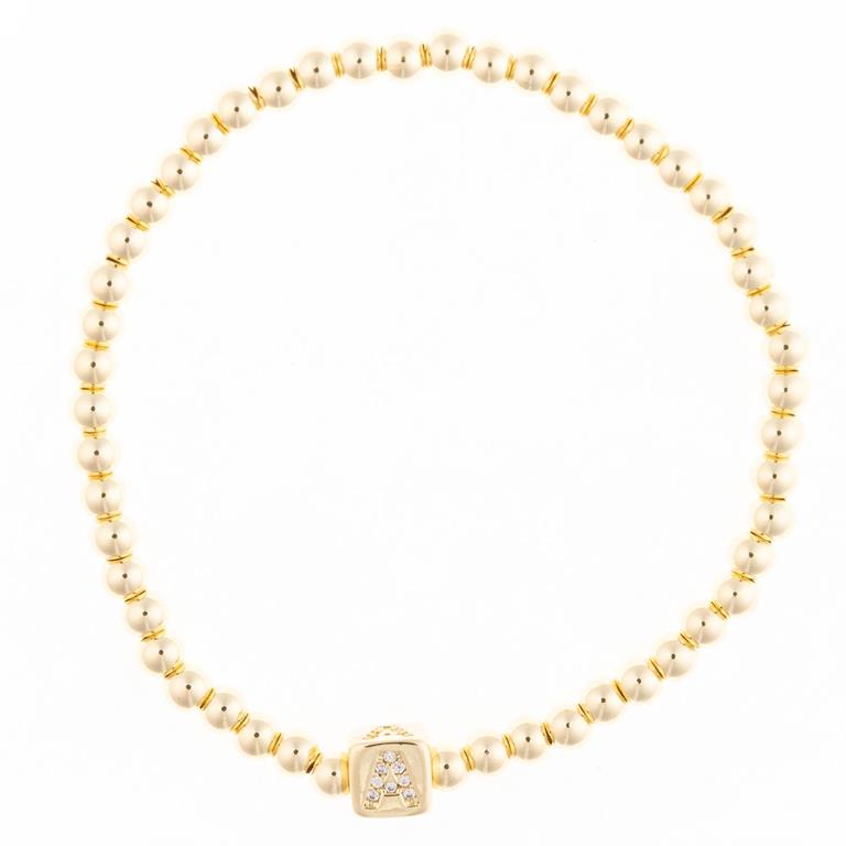 Gold beaded stretch bracelet with a single square charm featuring the letter A in pavé stones