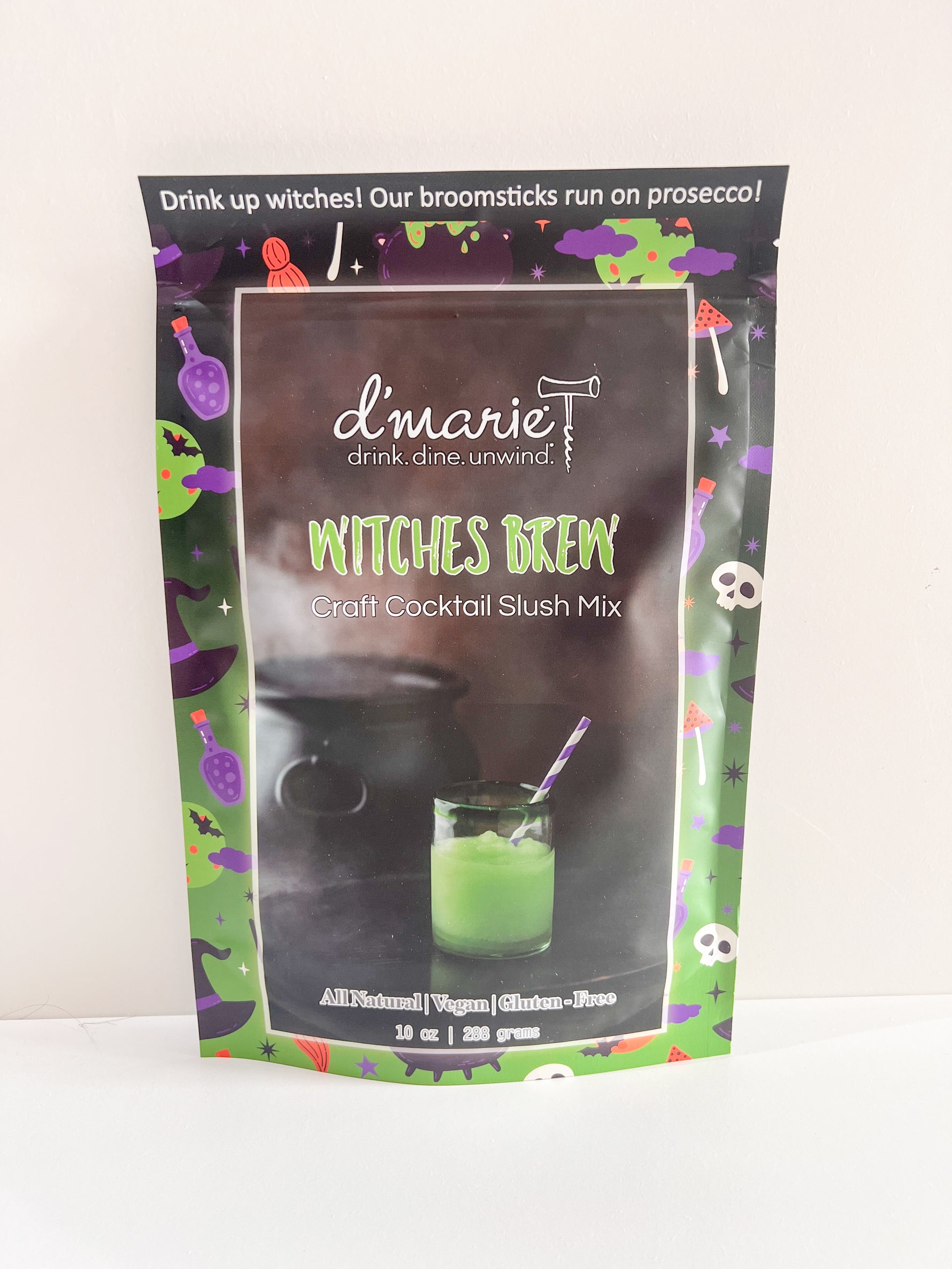 D marie Witches Brew craft cocktail slush mix pouch with green drink and cauldron graphic
