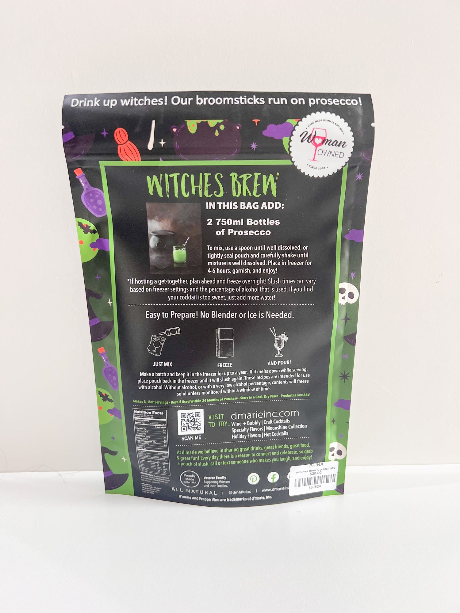 Back of Witches Brew cocktail mix pouch with preparation instructions and nutrition facts