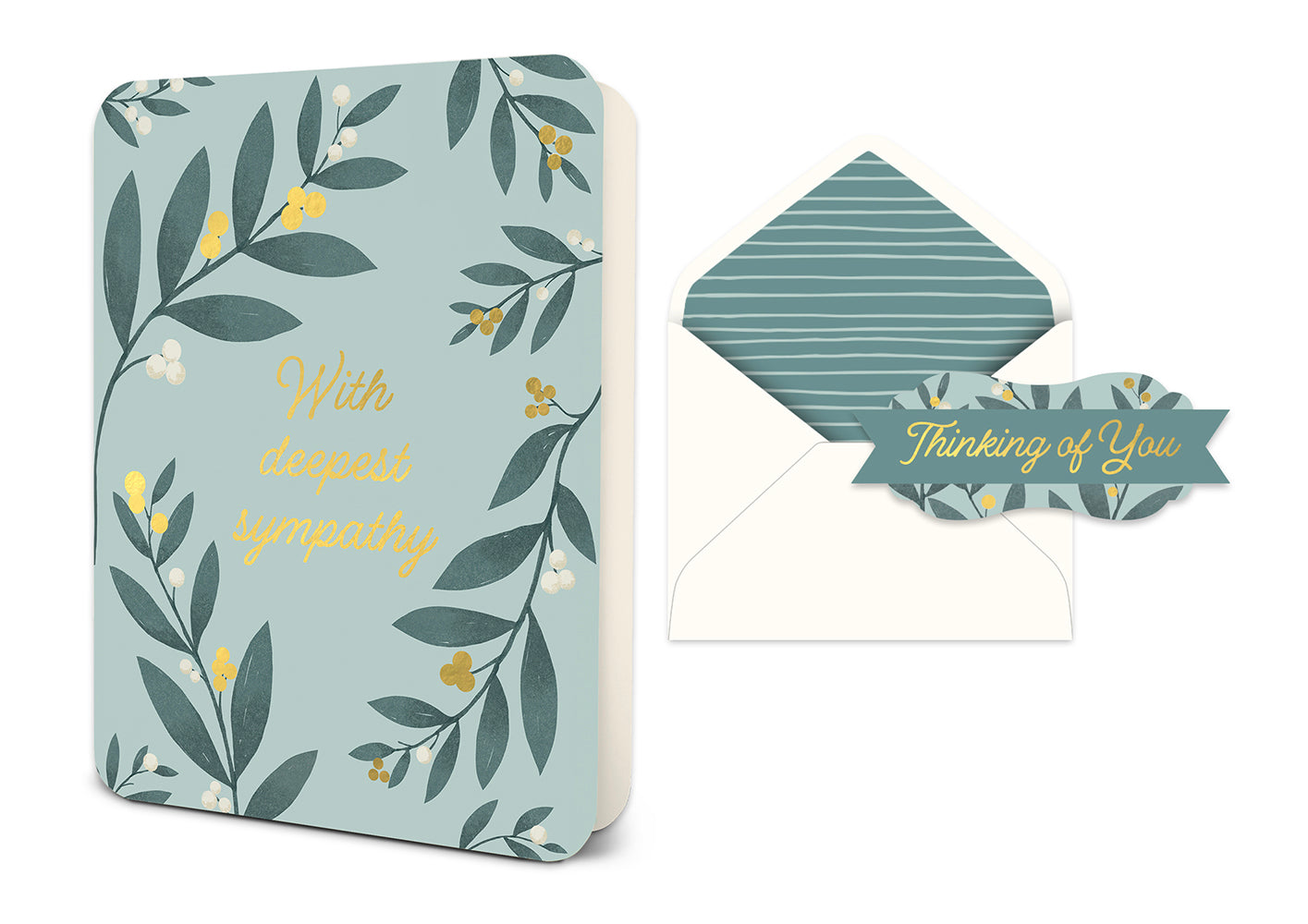 Sympathy card with leaf pattern and gold text next to an open envelope with striped liner and Thinking of You tag