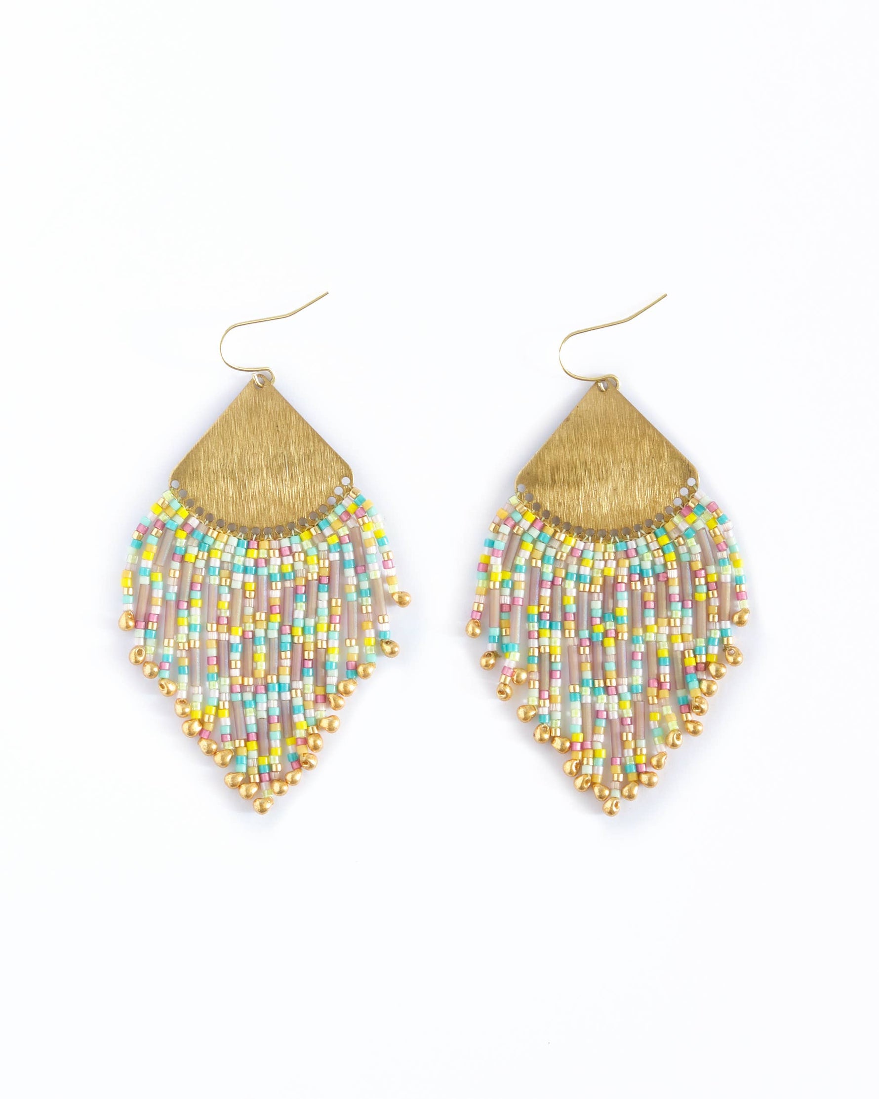 A pair of elegant beaded fringe earrings featuring brushed gold diamond-shaped tops with dangling strands of pastel multi-colored seed beads in pink yellow and light blue, each culminating in a small gold teardrop on a plain white background