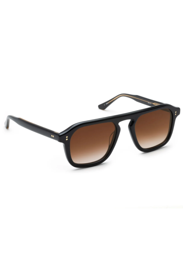 Black acetate sunglasses featuring brown gradient lenses and delicate gold accents on the temples, displayed on a pristine white background