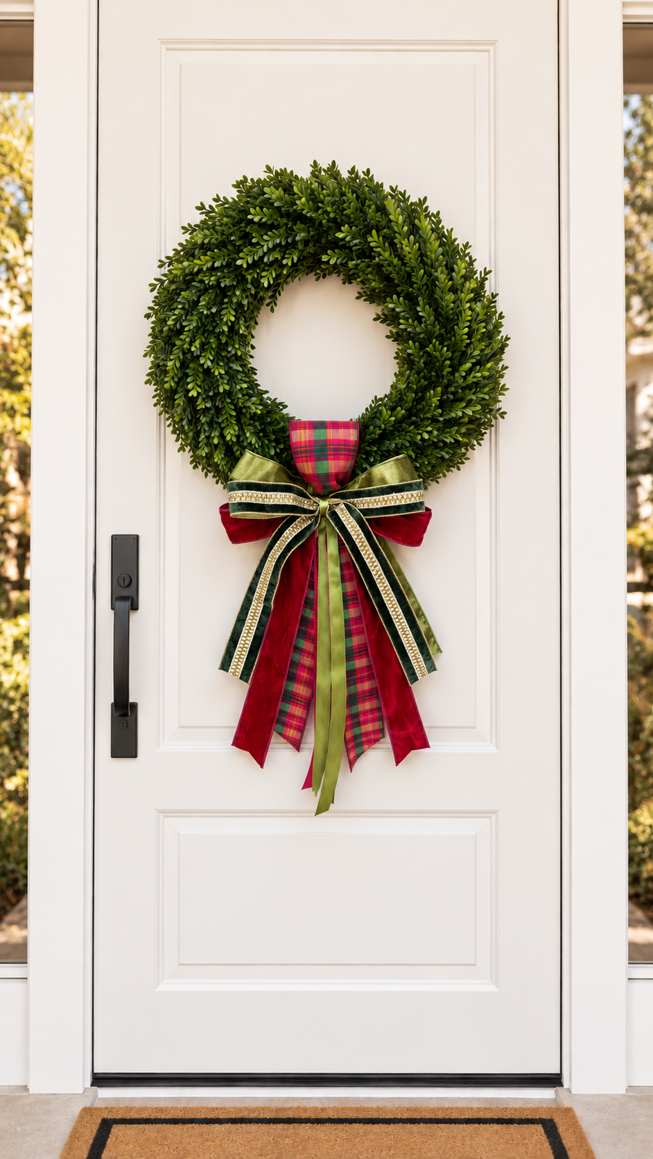 White front door with a boxwood wreath and a plaid, red velvet and green ribbon bow