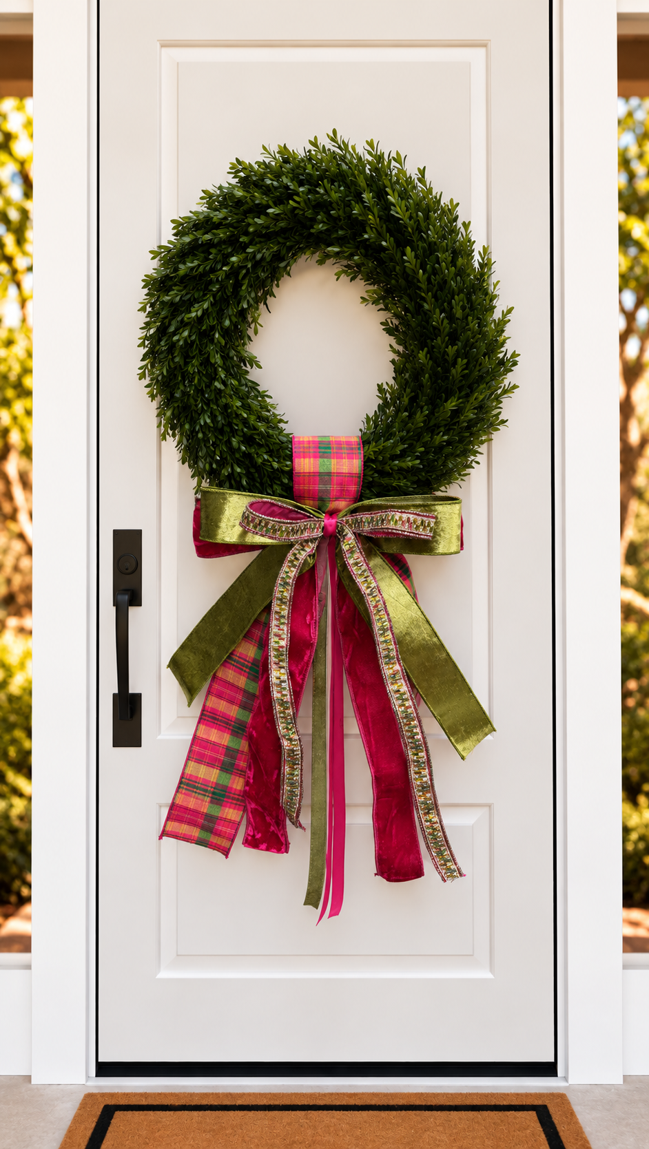 White front door with a boxwood wreath and an olive, magenta and plaid ribbon bow