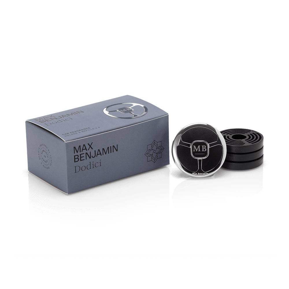 Max Benjamin Dodici car fragrance holder and refill set in grey packaging