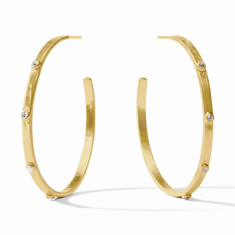 Gold hoop earrings with embedded small clear stones