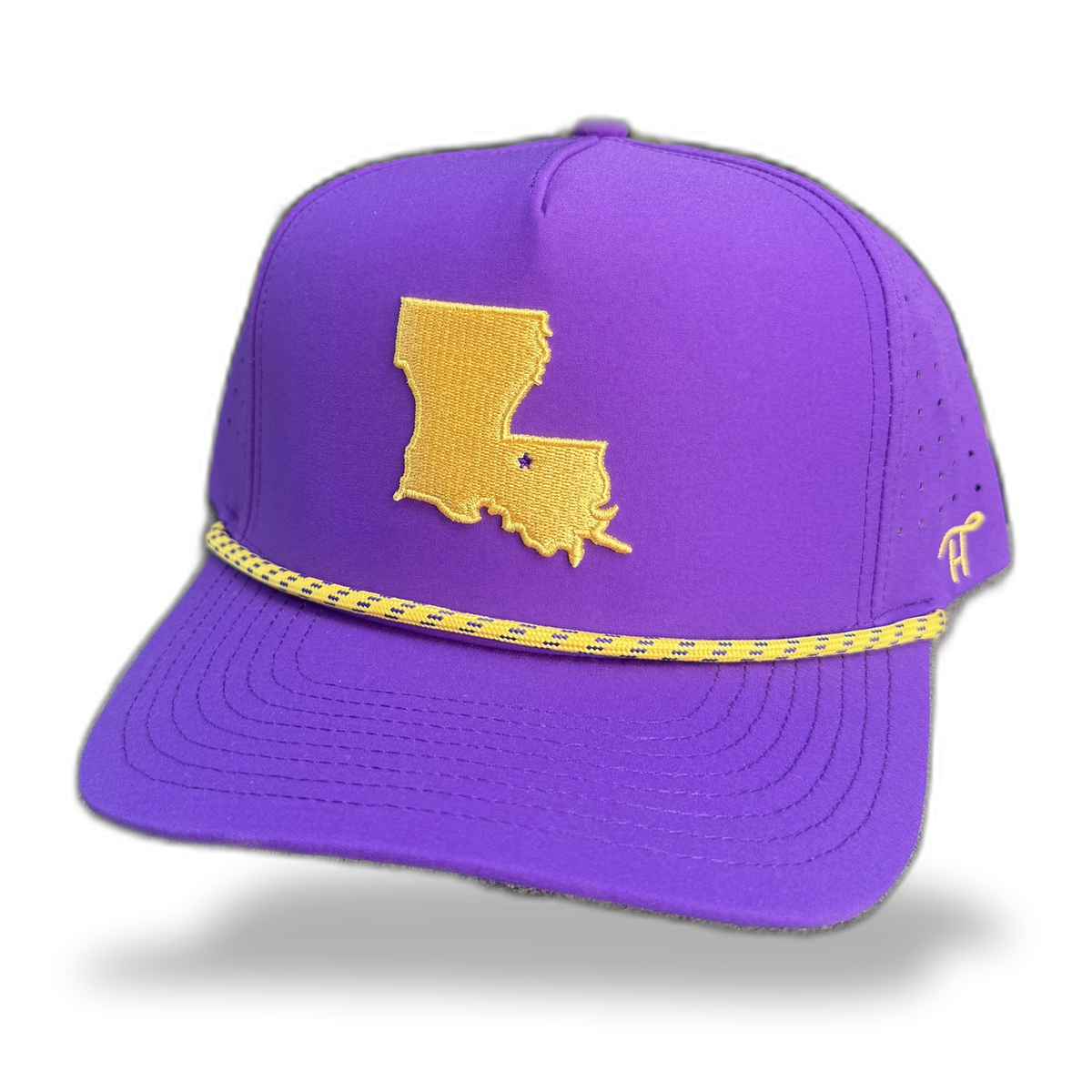 Purple rope hat with a gold Louisiana state patch and gold rope