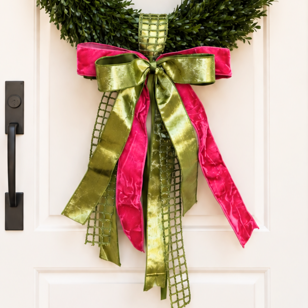 Bow of metallic olive green, hot pink velvet and green lattice ribbons on a boxwood wreath