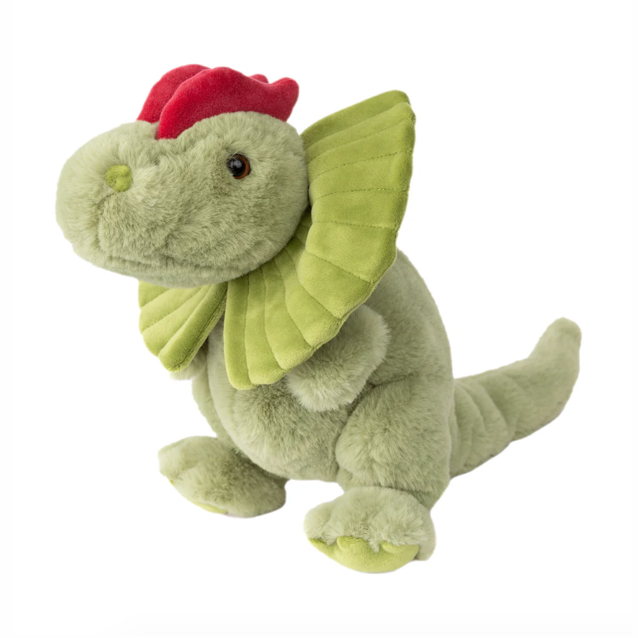 Green plush dinosaur toy on a white background
