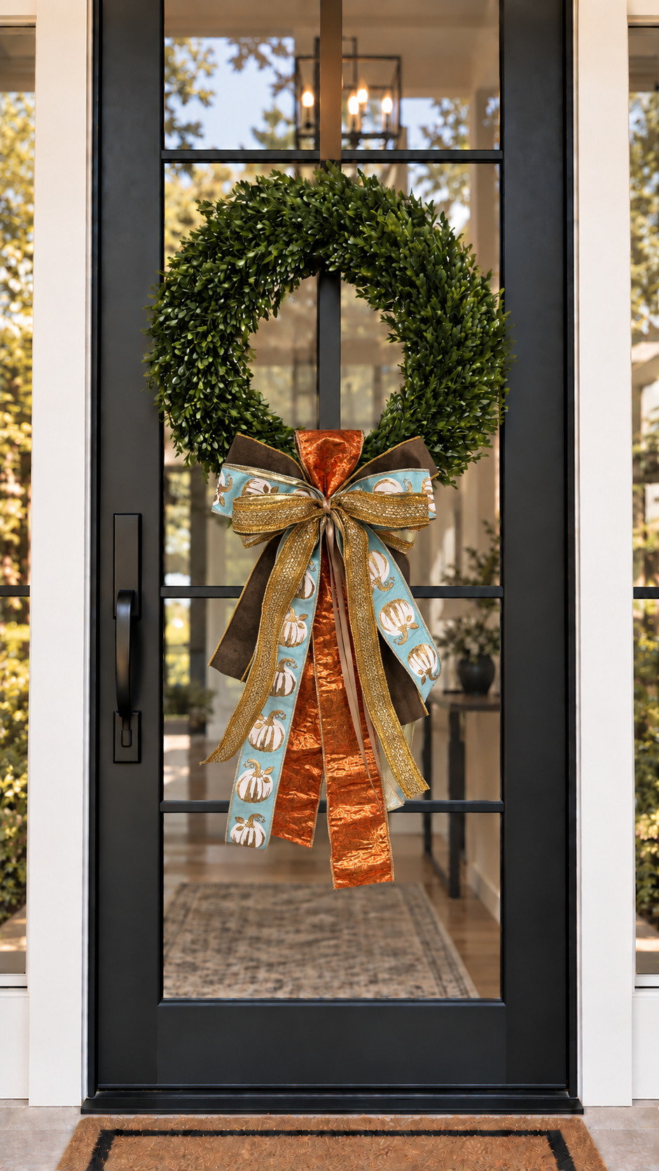 Black front door with a boxwood wreath finished with a copper, gold and aqua pumpkin-print ribbon bow