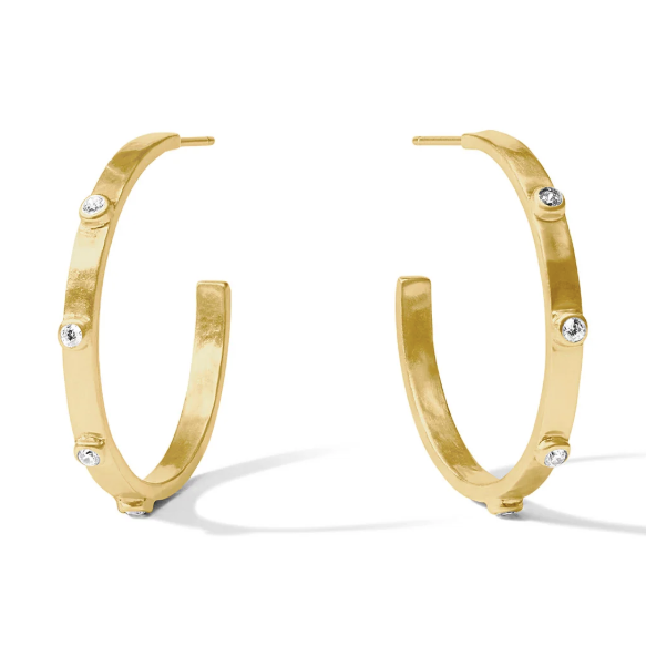 Gold hoop earrings with embedded round white stones