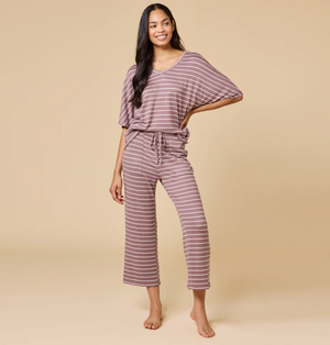 Dream Relaxed V-Neck Capri Lounge Set Driftwood Stripe