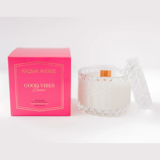 Aroma Avenue 'Good Vibes' candle and packaging on a white background