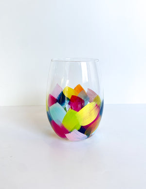 Hand-Painted Stemless Wine Glass- Colorful