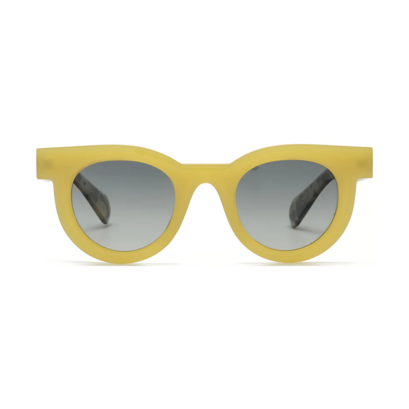 Yellow sunglasses with gray lenses on a white background