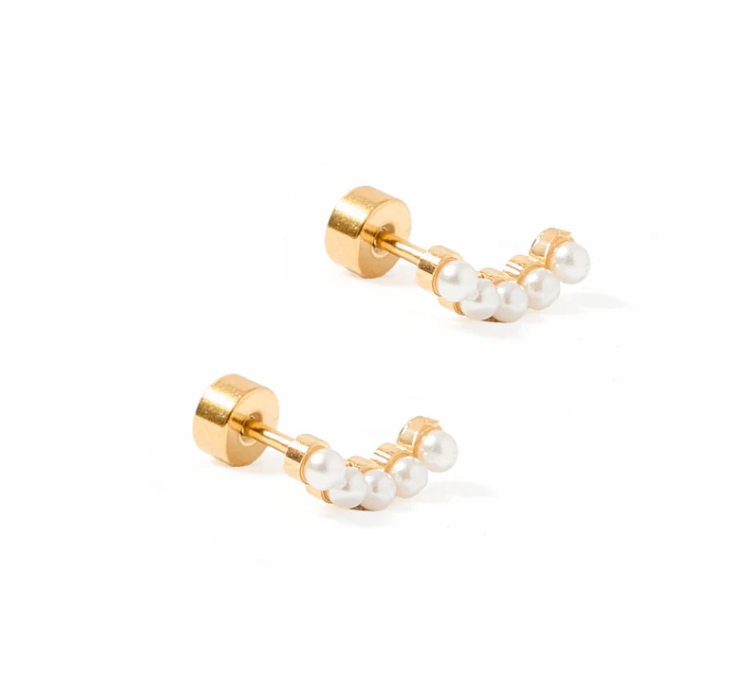 Gold screwback climber studs with a row of pearls