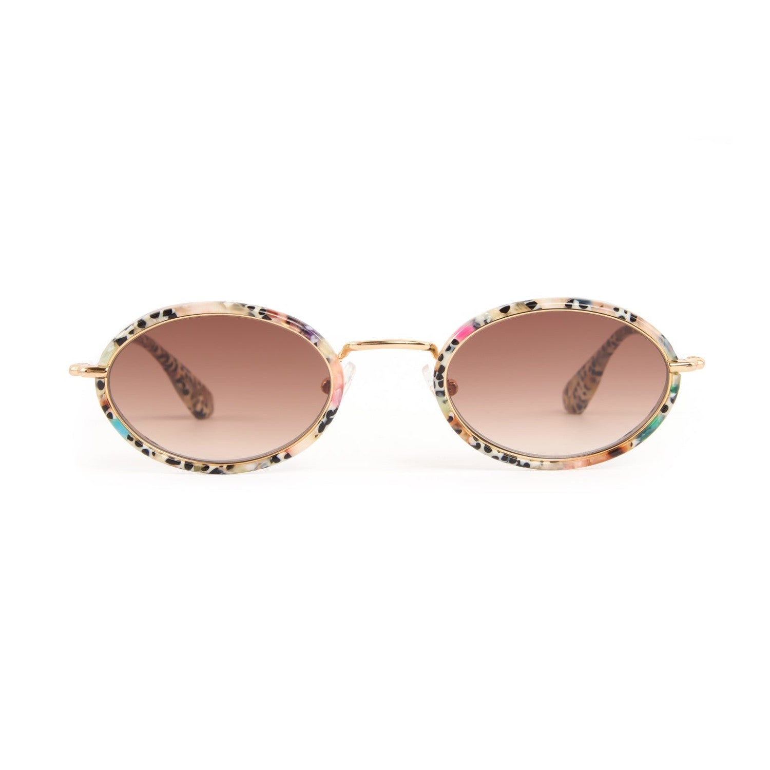 Sunglasses with colorful frame and brown lenses on a white background