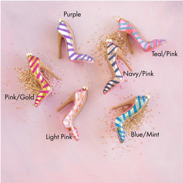 High heel ornaments labeled purple, teal/pink, navy/pink, pink/gold, light pink and blue/mint