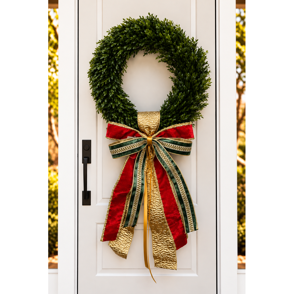 White door with a wreath and a red and gold Christmas sash and bow