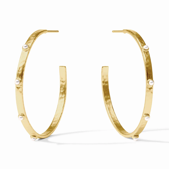 Gold hoop earrings with small pearl accents