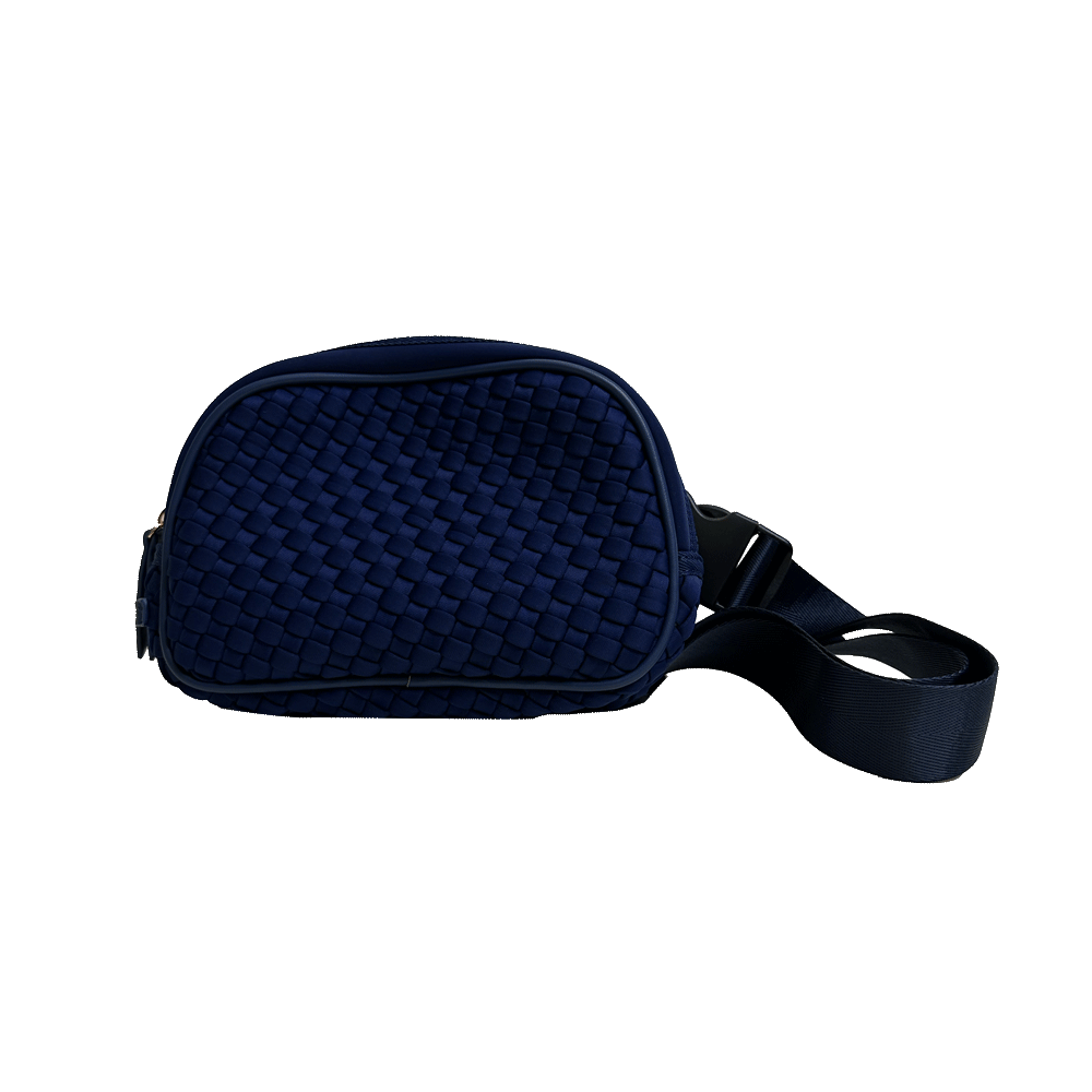A navy-colored woven sling bag with an adjustable strap, displayed against a white background.