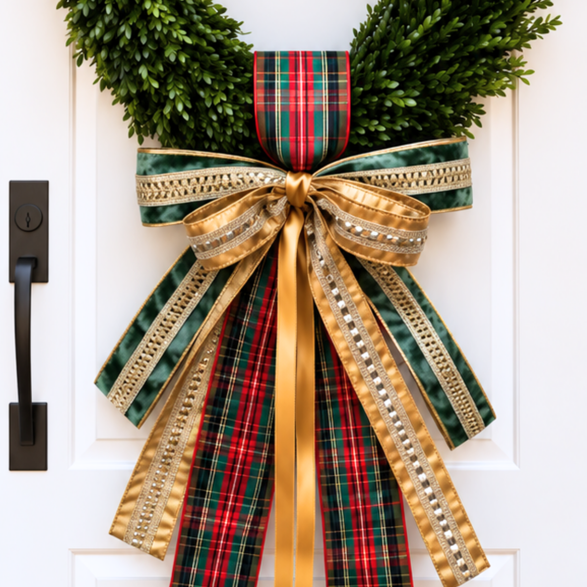 Bow of red and green tartan, green velvet, gold satin and gold trim ribbons on a boxwood wreath