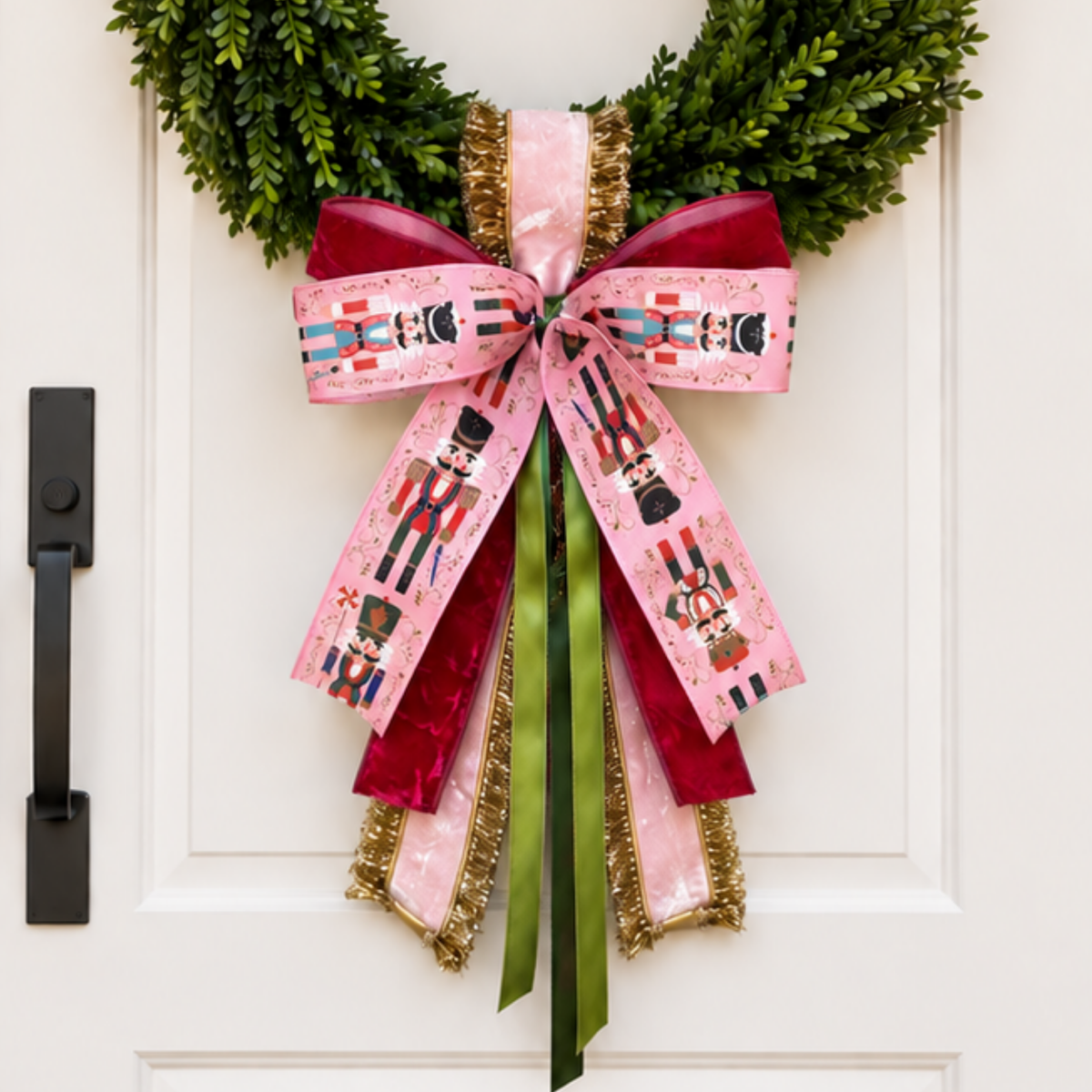 Bow of pink nutcracker-print, burgundy velvet, light pink and gold tinsel ribbons on a boxwood wreath