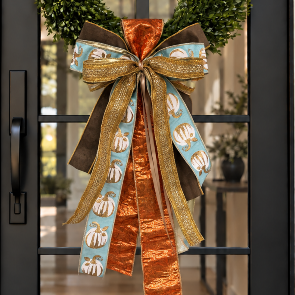 Layered bow of copper, gold mesh, brown velvet and aqua pumpkin-print ribbon on a boxwood wreath