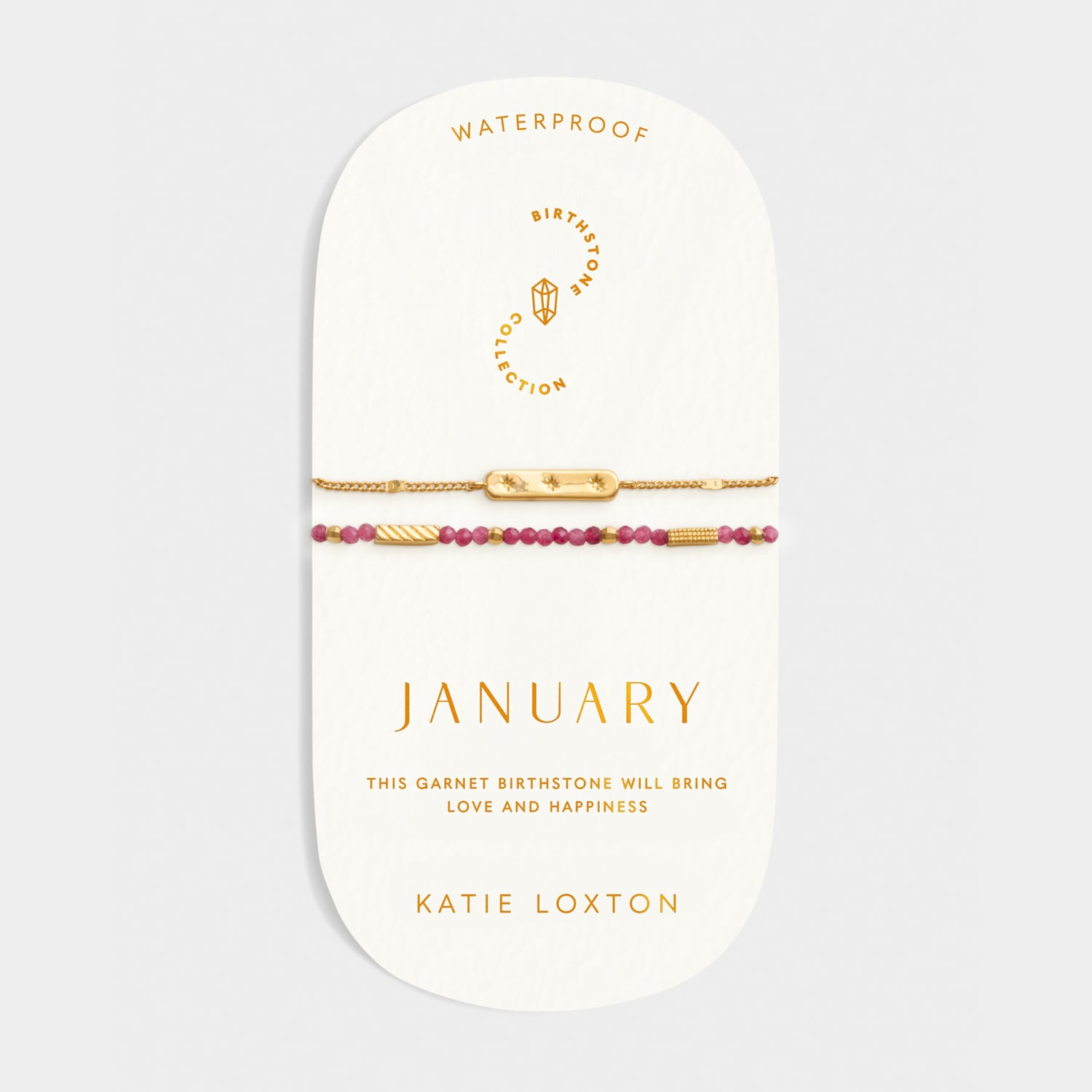 January garnet birthstone bracelet set on a branded display card