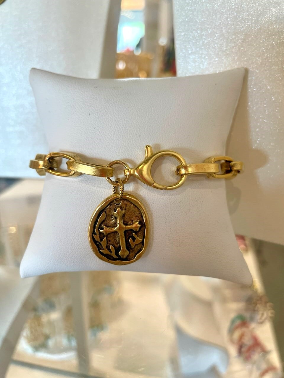 Round Cross Coin Flat Link Bracelet