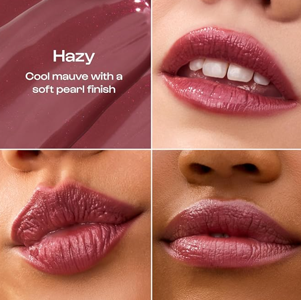 Lipstick shade 'Hazy' with a cool mauve finish on lips and swatch.