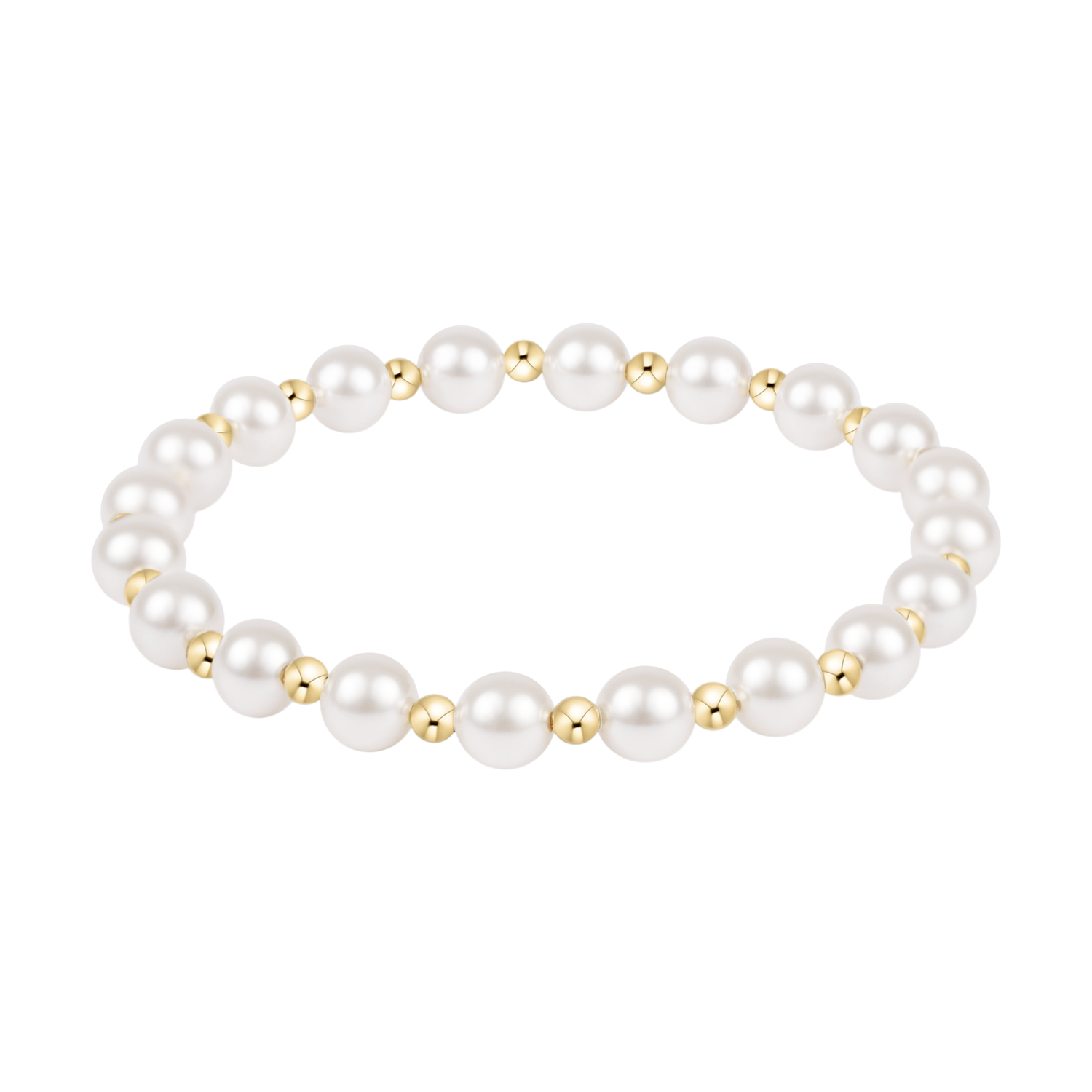 Stretch bracelet featuring alternating white pearls and small gold beads