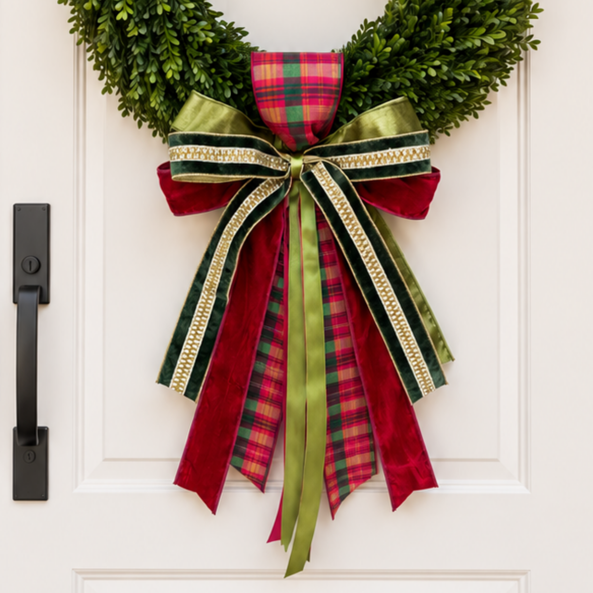 Bow of pink and green plaid, red velvet, dark green velvet with gold trim and olive ribbons on a boxwood wreath