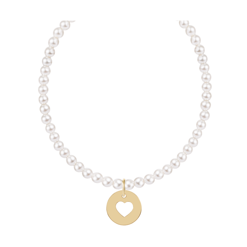 White pearl necklace with a gold circular pendant featuring a heart cutout
