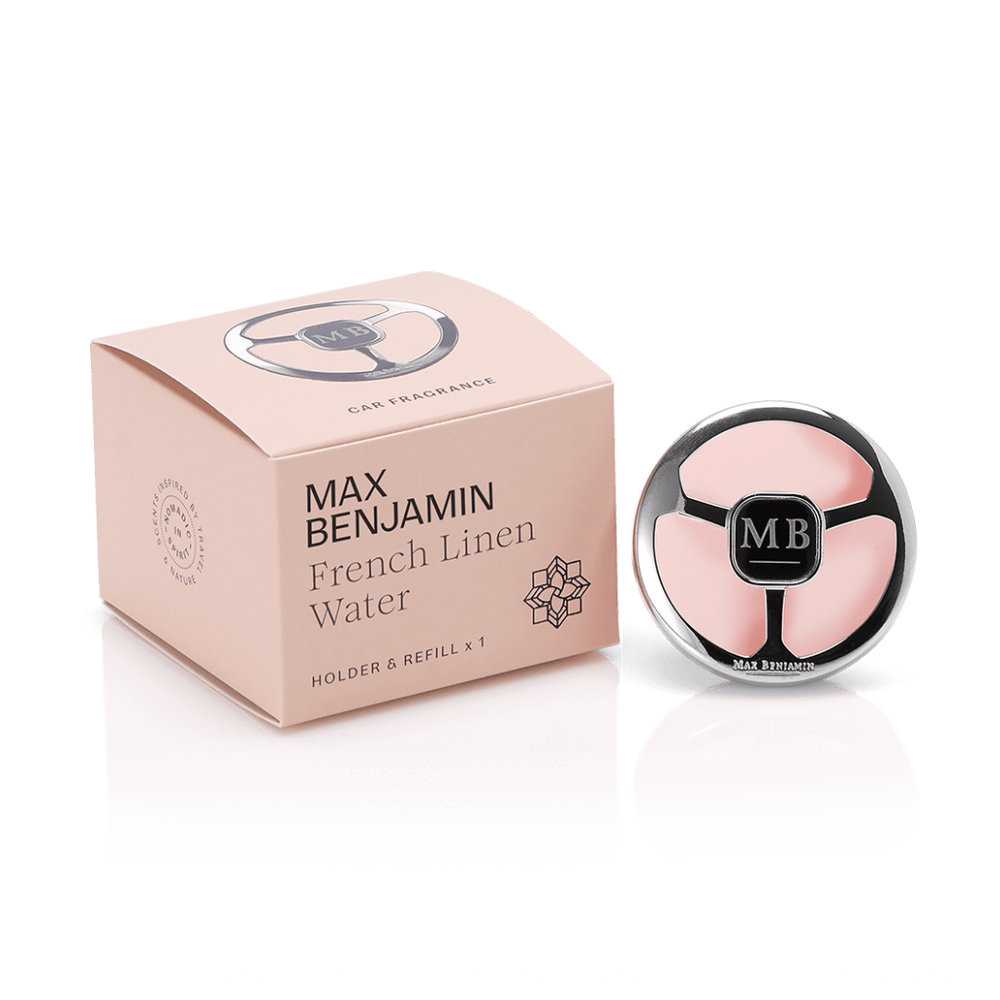 Max Benjamin French Linen Water car fragrance box and circular metal holder