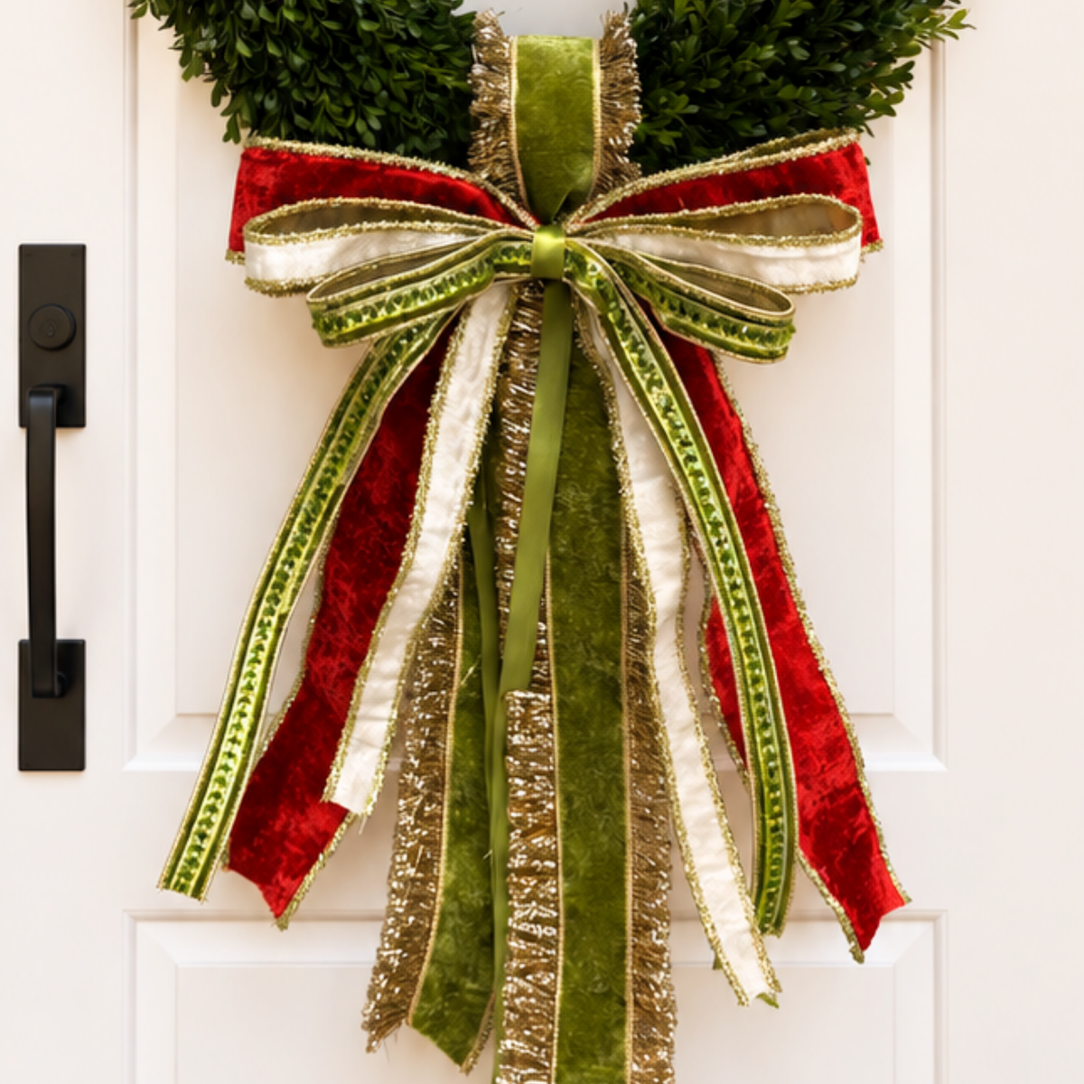 Bow of red velvet, olive green, ivory and gold tinsel ribbons with long tails on a boxwood wreath